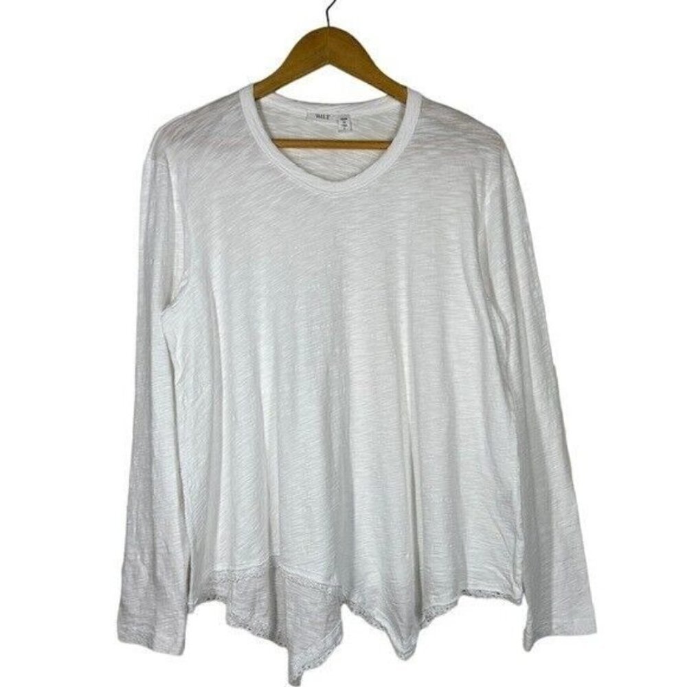 WILT Womens Slub Knit Asymmetric Crochet Hem Long Sleeve Tee White L